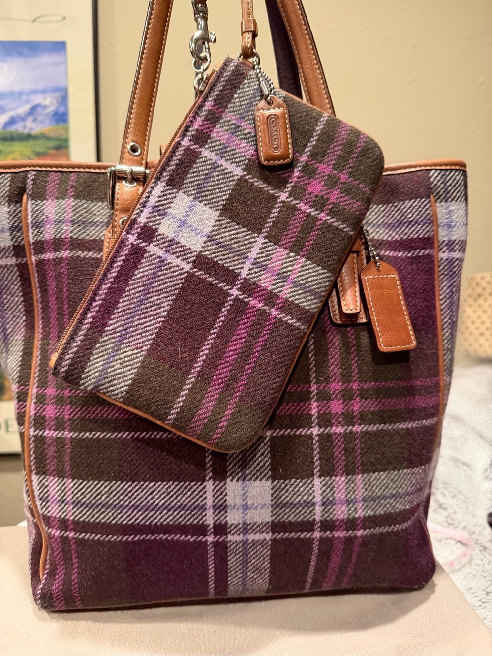 Vintage Coach Hampton Tartan Wool Tote Bag & Wristlet Set Purple Plaid EUC - Picture 13 of 16